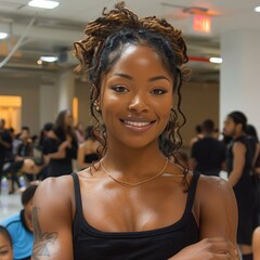 Wall Mural - Professional Dancer, editorial photography - A dancer in rehearsal attire, arms crossed, smiling confidently in a dance studio with mirrors. 