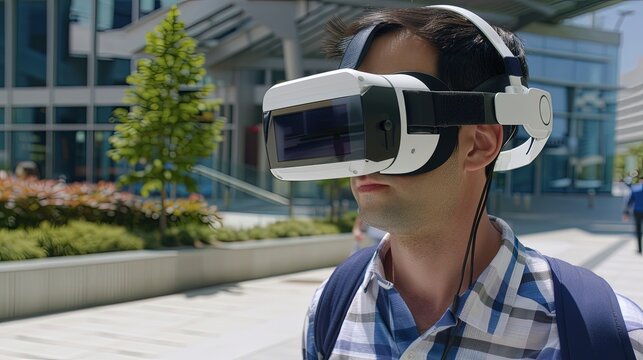 Young man in VR glasses on the streets of a modern city. With VR glasses on, he embarks on a digital pilgrimage through the city, uncovering hidden narratives in its busy streets.