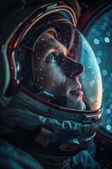 Wall Mural - An Astronaut Admiring the Starry Expanse Through the Window of a Spacecraft, with the Milky Way Mirrored in Their Eyes