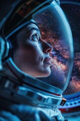 Wall Mural - The Dream of Space Exploration: An Astronaut Observes the Stars, with the Milky Way's Reflection in Their Gaze, from the Confines of a Spacecraft Window