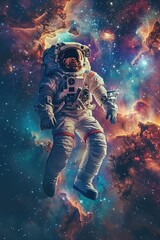 Wall Mural - An Astronaut Drifting in Zero Gravity Amidst Cosmic Elements, with Distant Galaxies and Nebulae Illuminating the Human Connection to the Universe