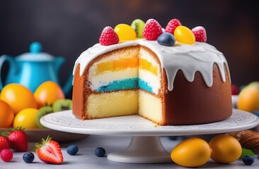 Wall Mural - Deliciously freshly baked easter kulich or cake decorated with icing and an array of colorful fruits -