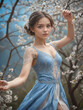 beautiful girl dancing in blossom tree garden