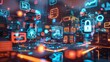 © kitidach - Futuristic cityscape with neon signs showcasing diverse businesses collaborating in a digital marketplace   unity in diversity