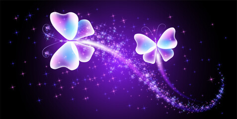Wall Mural - Magic butterflies with fantasy sparkle and blazing trail and glowing stars on night background