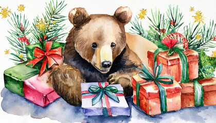 Wall Mural - Watercolor illustration of bear lying with gifts, fir branches on background. Wild animal.