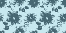 Grunge Seamless Pattern With Leaves And Flowers. Monochrome Blue Flowers Grunge Textured Print. Grungy Flowers Ornament For Fashion Textile, Sport Clothes, Fabric, Wrapping Paper