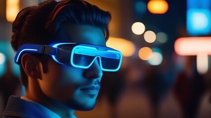 Wall Mural - Man wearing virtual reality glasses with neon lights on the street at night