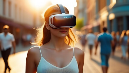 Girl in virtual reality glasses early in the morning in the city