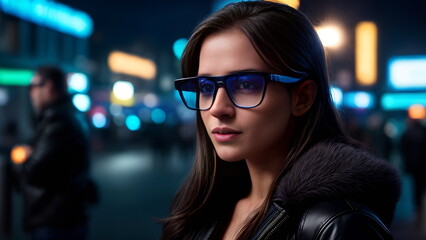 Wall Mural - A girl wearing compact virtual reality glasses in the style of regular glasses at night