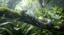 Gold-ringed Cat Snake On A Branch Ready To Strike, Indonesia. AI Generated.