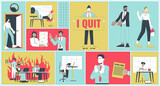 Fototapeta Dinusie - Quiet quitting bento grid illustration set. Work life balance millennials 2D vector image collage design graphics collection. Gen z diverse employees refusing overwork flat characters moodboard layout