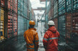 two workers at a loading dock supervising warehousing work and advancing logistics.