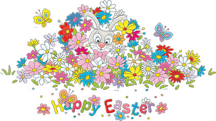 Wall Mural - Greeting card with a happy Easter bunny among colorful spring flowers and merry butterflies fluttering around a pretty flowerbed in a fairy garden, vector cartoon illustration