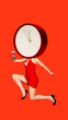 © Lustre Art Group  - Contemporary art collage. Young woman in dress with clock instead of head jumping in mid-air against vibrant red background. Concept of business and work, creativity, inspiration, self-expression. Ad