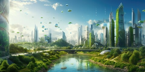 Wall Mural - sprawling green community with digital smart city infrastructure and rapid data network. digital cit