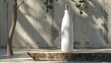Fototapeta Natura - A white bottle is placed on top of a tree stump in a forest setting, showcasing the contrast between the man-made object and the natural surroundings.