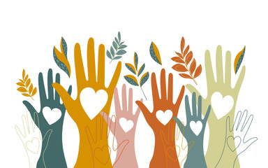 Wall Mural - Volunteers, social workers, men and women hold hearts in their palms. Unity, cohesion of a multinational society. Vector.