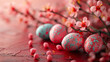Œufs de Pâques décoratifs et fleurs de printemps sur fond rouge