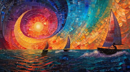 Brightly colored artwork, people sailing on a sailboat through the sea.