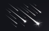 Fototapeta  - Realistic sky shooting stars with trails, falling comets and meteors. 3d vector celestial bodies streak across the night sky, leaving dazzling traces of light due to friction with Earth atmosphere