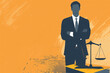 Graphic of a businessman with scales of justice on a yellow background
