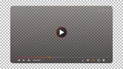 Poster - Video player transparent screen interface. Digital media player UI vector mockup of black transparent window with play button, navigation bar, sliders and media control icons, multimedia app