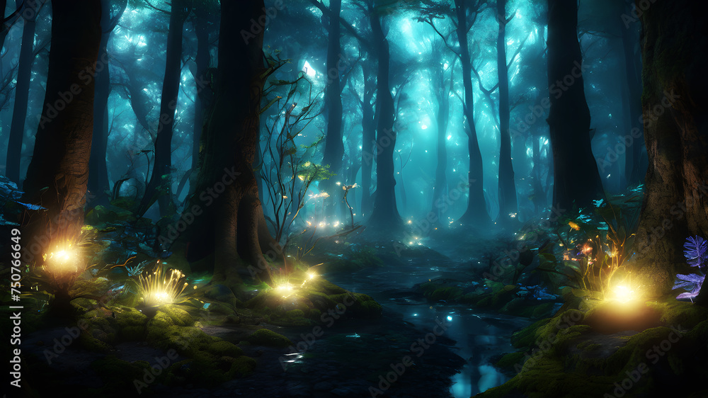 Walk through an enchanted forest where bioluminescent plants and ...