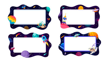 Poster - Cartoon galaxy space kid frames or borders with vector landscape of rockets, UFO spaceships and planets, astronaut and alien characters on starry sky background. Space frames set of galaxy adventure