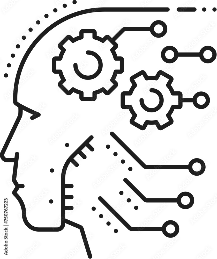 Machine learning, ai artificial intelligence algorithm icon, features a stylized human or robot head with interconnected nodes and circuits, symbolizing the neural networks and data-driven algorithms