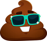 Fototapeta  - Cartoon poop emoji with sunglasses. Poo, shit or crap vector character, funny toilet excrement emoticon with happy smiling face. Isolated pile of brown poop emoji, cute dirty shit emoticon