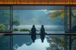 two woman and man meditate at swimming pool side with nature landscape, wellness living leisure theme, Generative Ai