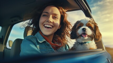 Wall Mural - young woman with cute dog out the window of the car, 