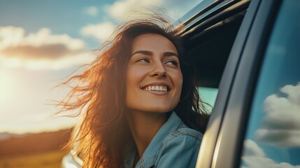 Wall Mural - young woman with cute dog out the window of the car, 