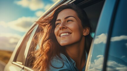 young woman with cute dog out the window of the car, 