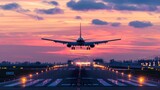 Fototapeta  - Air transportation concept,Jet airplane silhouette landing  during sunset. 