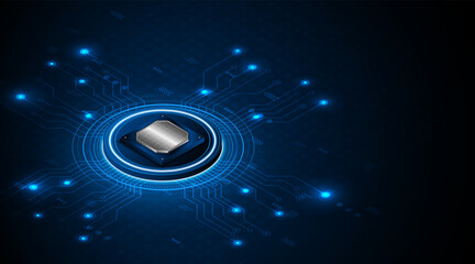 Leinwandbilder - Microchip processor circuit board technology on dark blue background. Information Processing Concept. Circuit board hi-tech technology background. vector illustration	