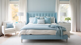 Fototapeta  - Jasna przytulna błękitna sypialnia w stylu hampton - mockup obrazu na ścianie. Niebieskie, błękitne i białe kolory wnętrza. Render 3d. Wizualizacja