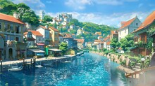 The Charm Of A Quaint Coastal Village With Colorful Houses And A Peaceful Harbor. Fantasy Landscape Anime Or Cartoon Style, Looping 4k Video Animation Background