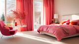 Fototapeta  - Jasna przytulna sypialnia w nowoczesnym stylu glamour - dekoracje na ścianie. Różowe i białe kolory wnętrza. Render 3d. Wizualizacja	