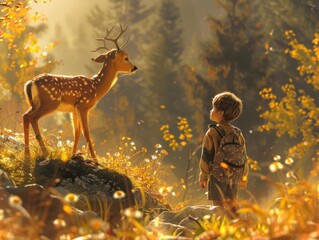 Wall Mural - capturing a cinematic moment: special education in nature with a gentle deer amidst the enchanting f