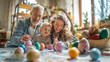 Portrait of grandparents and a young child smiling and engaging in Easter festivities, likely painting Easter eggs