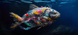 Fish swims among plastic ocean pollution. Environment concept. Generative AI