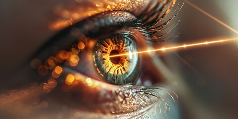 Laser or lasik eye surgery concept, laser beam shining into eyes.