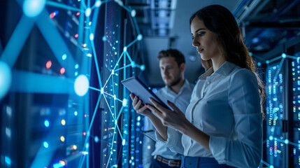 The Technology connect, of a business women hold tablet stand on data center, connect digital network lines, big data, generative ai