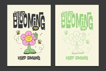 Wall Mural - retro flower posters with cute cartoon characters, vector illustration 