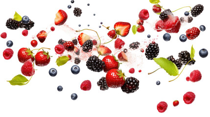 Berries collection falling in the air isolated on transparent and white background.PNG image.