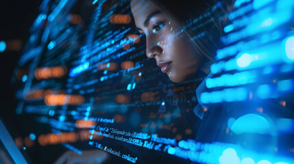 The Technology connect, of a women using laptop, coding big data concept, data coding flow generative ai