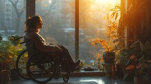 Woman In A Wheelchair Looking At Window In Sun Light