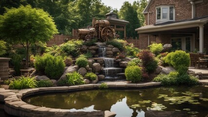 Wall Mural - fountain in the park Steam punk  A backyard landscaping with a patio, a waterfall, a pond, a garden, trees, plants,  